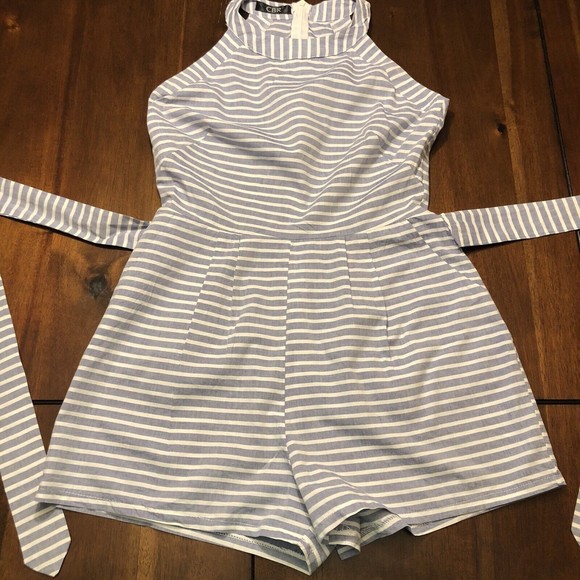 CBR Women Small Blue White Striped High Neck Sleeveless Romper Jumper Shorts - Picture 2 of 8